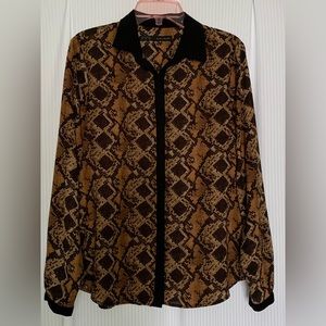 Zara Basic Blouse Snake skin Print Long Sleeve Collar & Hidden Button Medium